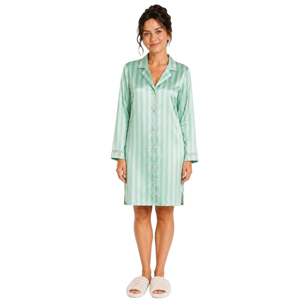 Vtg Christian Dior Lingerie Satin Striped Women Medium Mint Green Button Up Lace